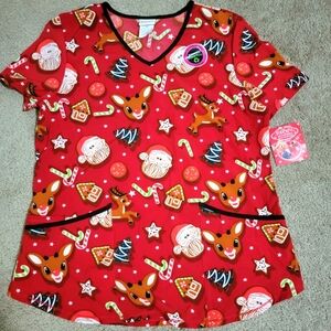 🎅🍪 Scrubstar Women’s Rudolph “Santa’s Cookies” V-Neck Scrub Top – Size Medium